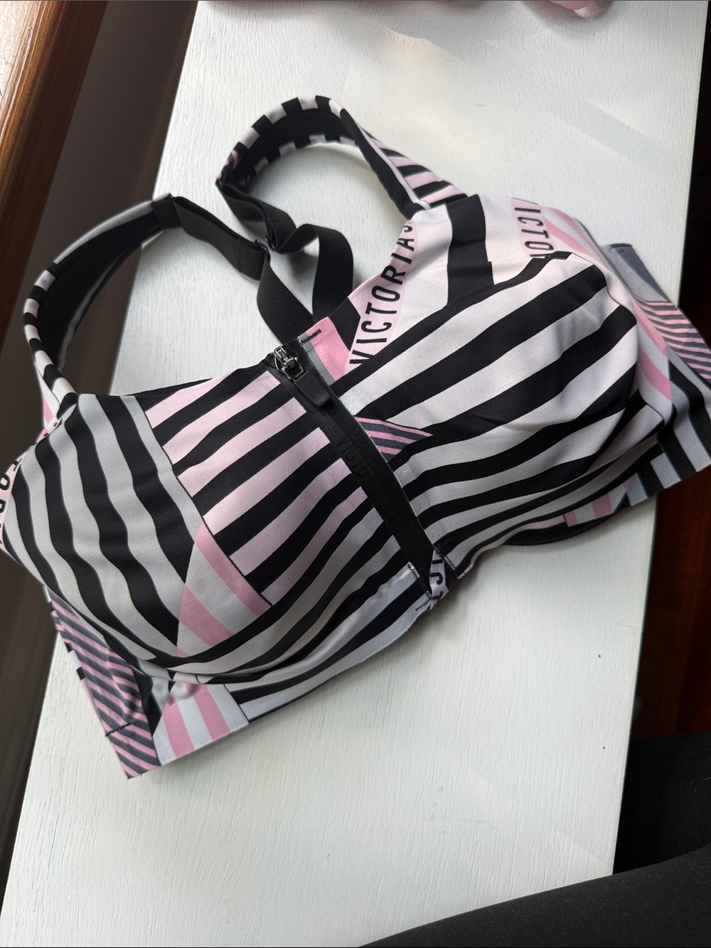 Victoria's Secret Pink and Black Striped Front-Zip Sports Bra